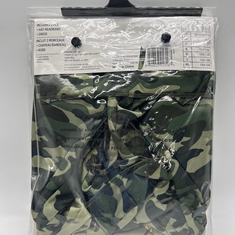 NEW Camo Cadet Costume Girls Child Medium 6-8 Dress Hat‎ Headband Halloween